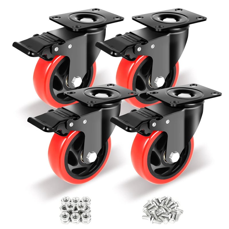 Nefish 4 Inch Industrial Caster Wheels with Brake, Casters Set of 4 Heavy Duty Grade Casters, Non-Marking Polyurethane Wheels, Workbench 1800 Lbs for Cart, Furniture, Shelving (LJ-PC-4IN) - Image 1